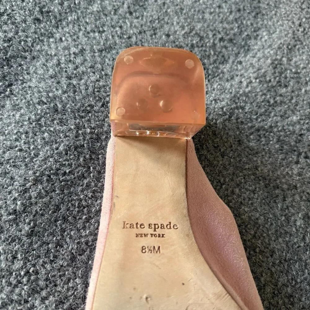 Kate Spade Caila Pink Suede Block Heel Mule Transparent Gem Square Toe 8.5M
